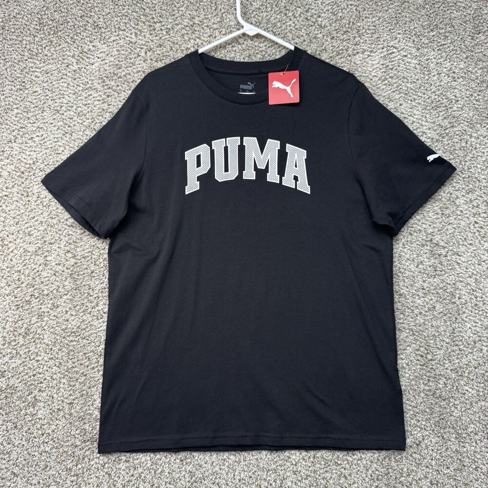 PUMA Shirt Mens Large Black Noir Arched Varsity Tee Cotton Short Sleeve Crew New